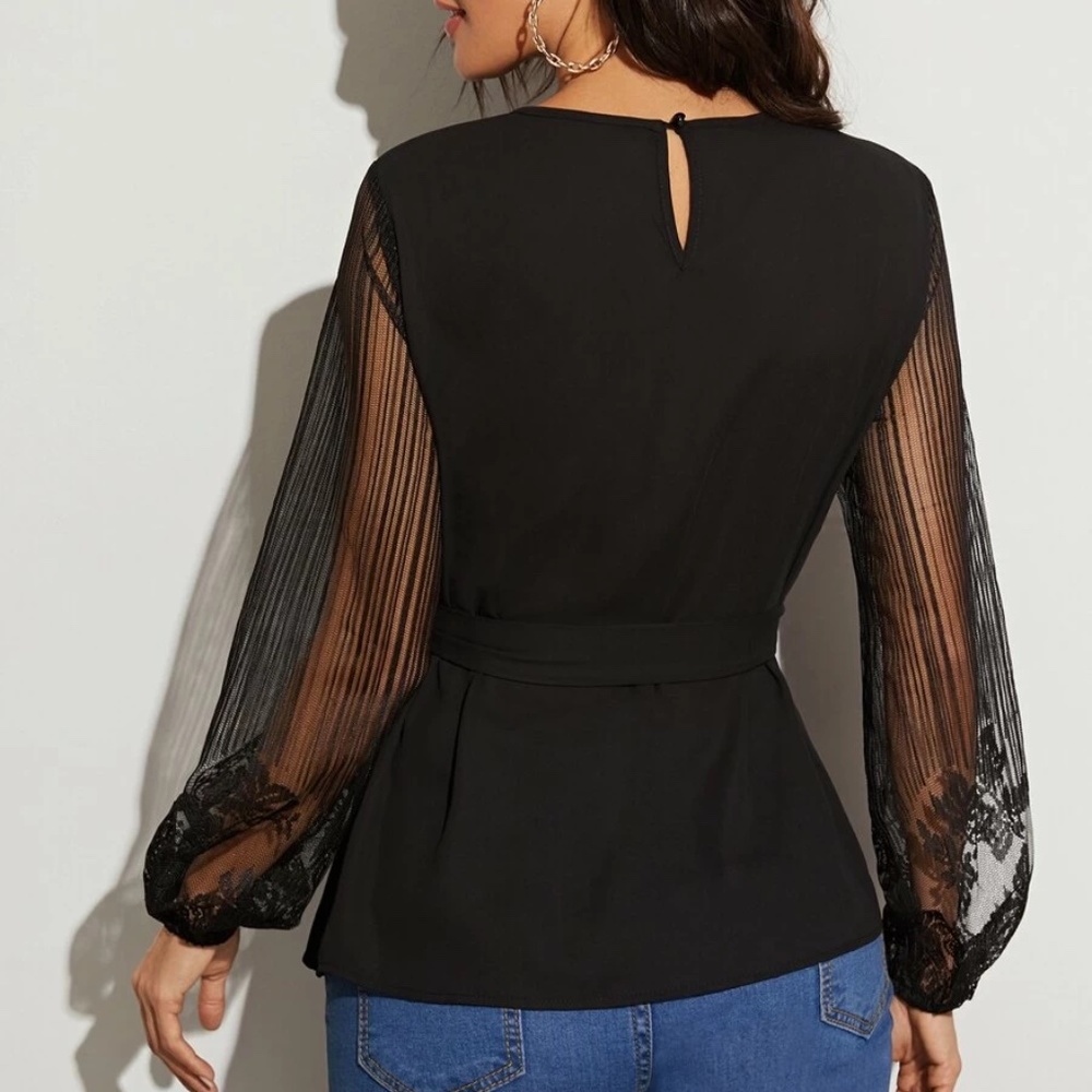 Boho Floral Sheer Sleeve Belted Blouse - Picture 4 of 9